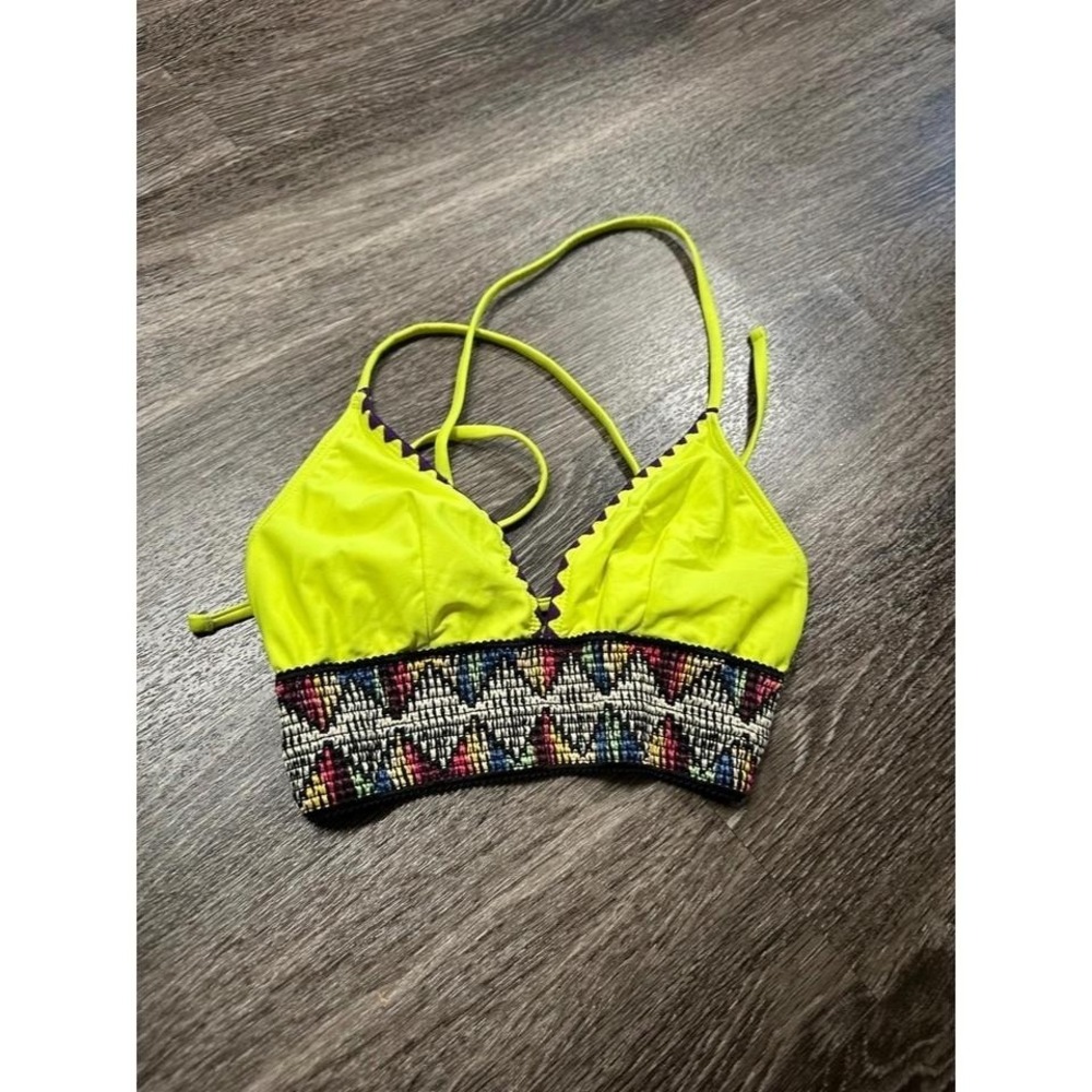 Neon Yellow Embroidered Smocked Triangle Bikini Top Bohemian Scalloped Trim